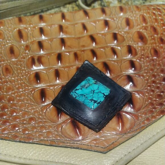 HANDMADE VINTAGE BEIGE LEATHER & ALLIGATOR W REAL TURQUOISE BAG PURSE - Picture 2 of 12